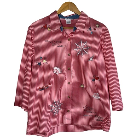 Graff Tops - Vintage Embroidered Nautical Blouse Large Graff Button Down Red Coastal Novelty